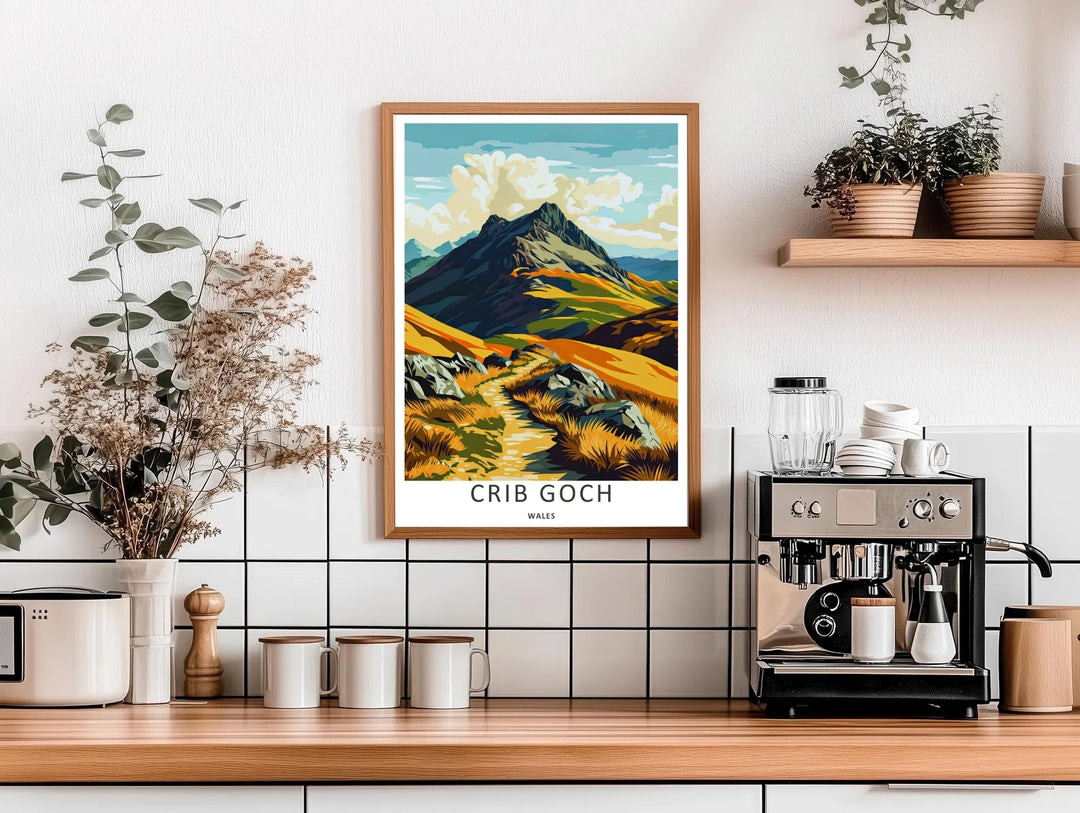 A beautiful mountain theme travel poster featuring the rugged peak and walking trail of Crib Goch, available in flexible unframed, framed, or canvas print layouts. The vector art captures a bright path weaving through open highlands toward the sharp ridge line.