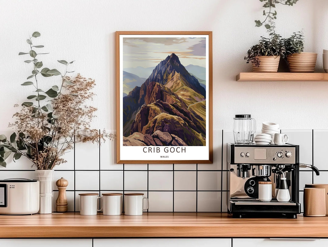 A premium fine art poster capturing the winding mountain trails and rocky details of Crib Goch in Eryri National Park, available as a canvas print or within timeless natural frames.
