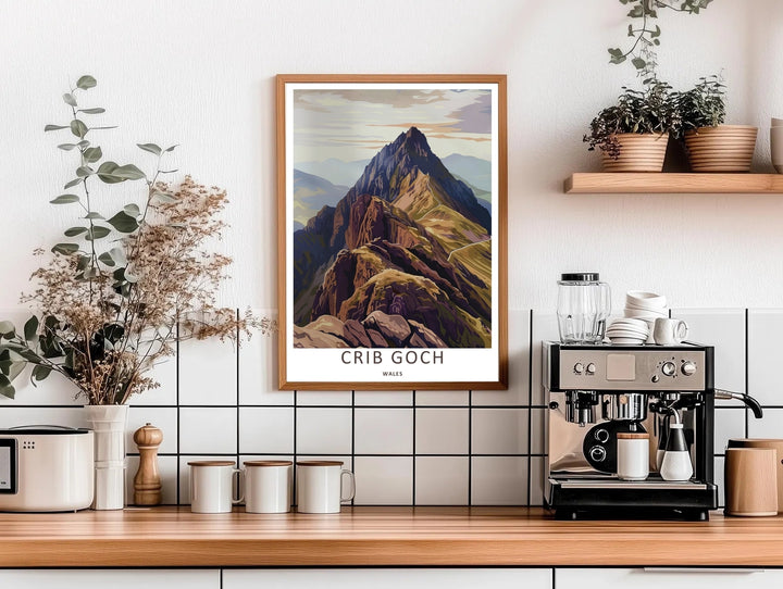 A premium fine art poster capturing the winding mountain trails and rocky details of Crib Goch in Eryri National Park, available as a canvas print or within timeless natural frames.