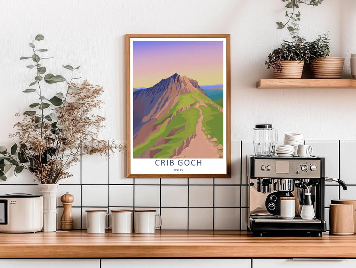 High-contrast vector artwork of the rugged Crib Goch mountain trail, custom made as a canvas, a standalone unframed print, or a framed poster. The design uses layered shapes and clean color blocks to show a scenic trail ascending toward the summit.
