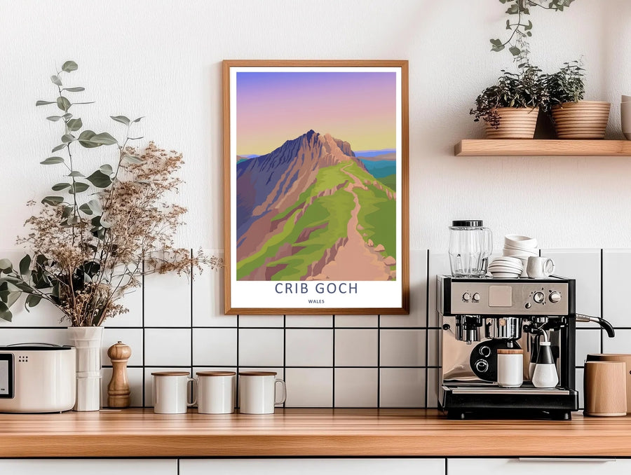 High-contrast vector artwork of the rugged Crib Goch mountain trail, custom made as a canvas, a standalone unframed print, or a framed poster. The design uses layered shapes and clean color blocks to show a scenic trail ascending toward the summit.
