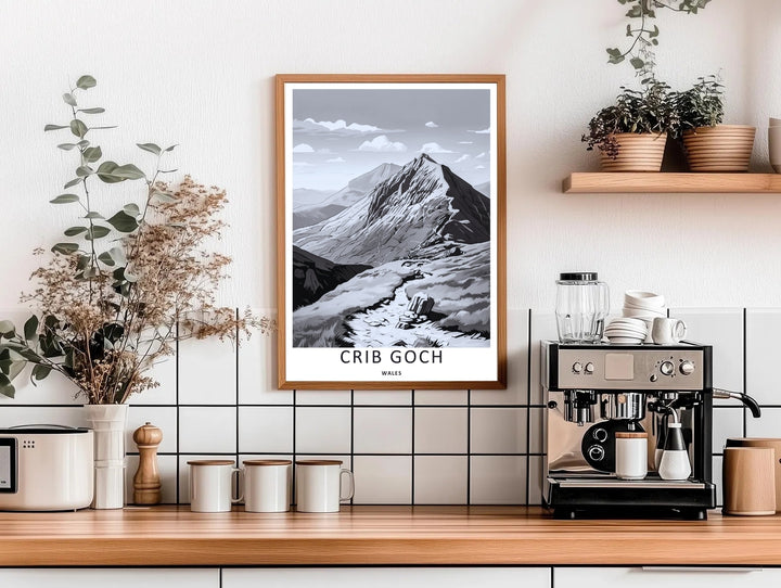 Clean mountain terrain illustration focusing on the sheer vertical drops of Crib Goch ridge in North Wales, creating a gorgeous display piece ideal for an entry hallway gallery wall arrangement.