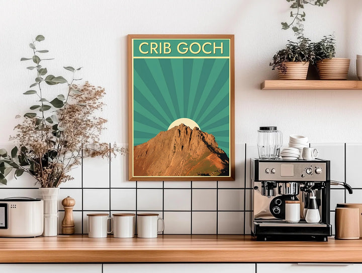 A sleek and colorful travel poster design of Crib Goch, Snowdonia, Wales, available in a variety of presentation formats including unframed prints, canvas wall art, and framed finishes. This high-contrast landscape print stands out as premium wall art, showcasing the craggy Welsh peak against a graphic teal and green sky.
