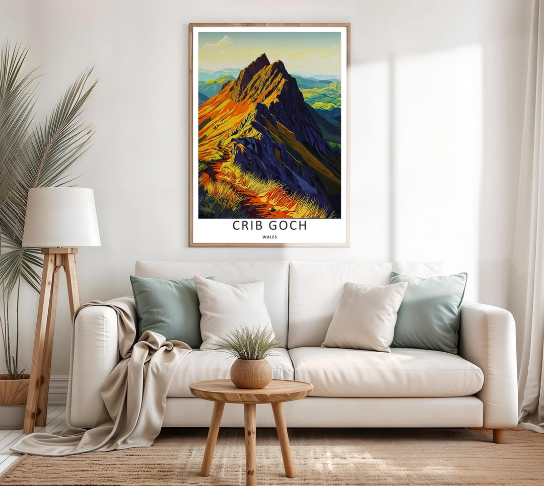 Clean mountain path illustration focusing on the sheer vertical drops of Crib Goch ridge in North Wales, creating a gorgeous display piece ideal for an entry hallway gallery wall arrangement.