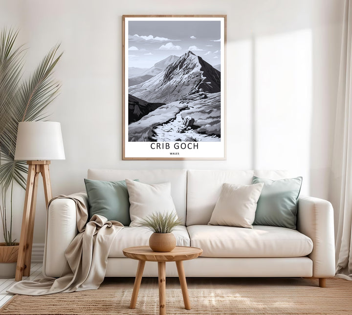 Fine art print honoring British mountaineering culture with a vivid black and white overview of the Crib Goch mountain summit, supplied by MapYourDreams in a canvas layout or premium silver frames.