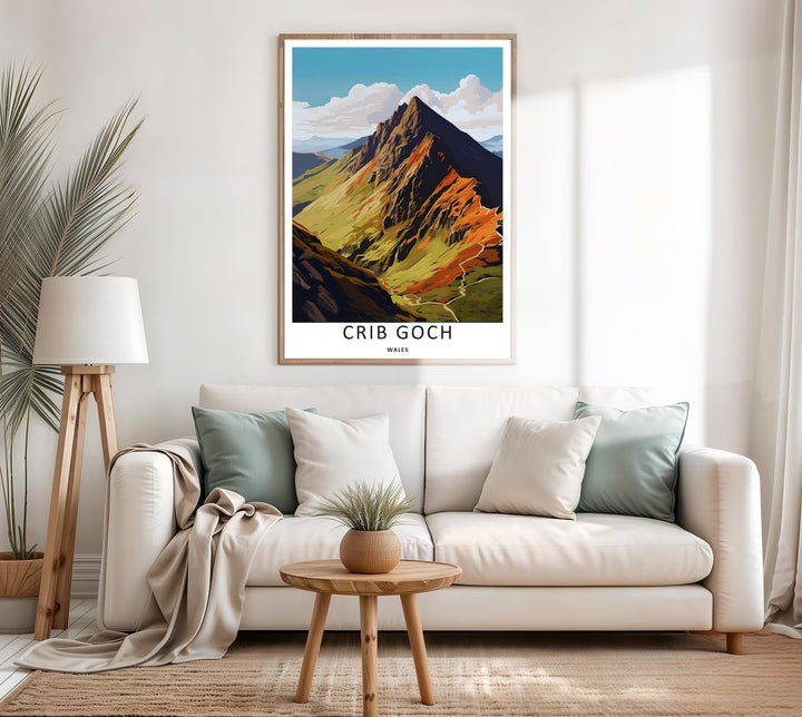 Clean mountain terrain illustration focusing on the sheer vertical drops of Garnedd Ugain ridge in North Wales, creating a gorgeous display piece ideal for an entry hallway gallery wall arrangement.
