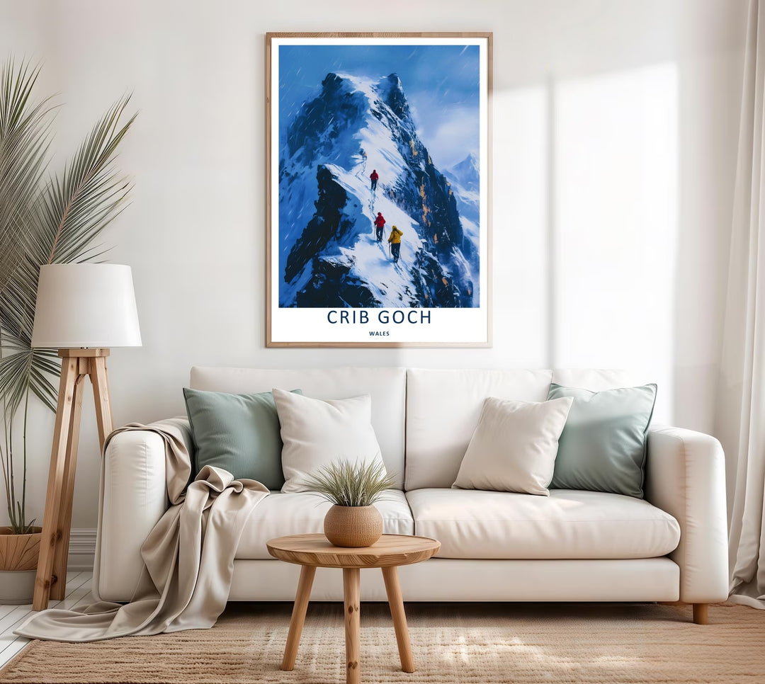 High-contrast illustrative artwork of the rugged winter Crib Goch mountain trail, custom made as a canvas, a standalone unframed print, or a framed poster. The design uses layered textures to show a scenic alpine climb up the main summit.
