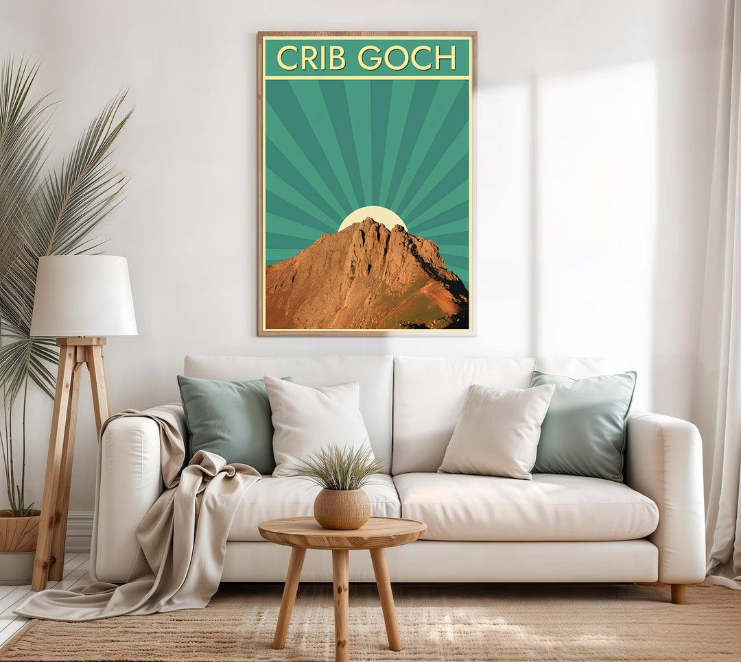 A rustic style print displaying a vintage Crib Goch travel poster, with flexible options to purchase as an unframed print, a high-quality canvas, or a framed display. The design honors the Snowdonia, Wales landscape with a beautiful blend of highly detailed mountain photography and retro art deco sunburst rays.