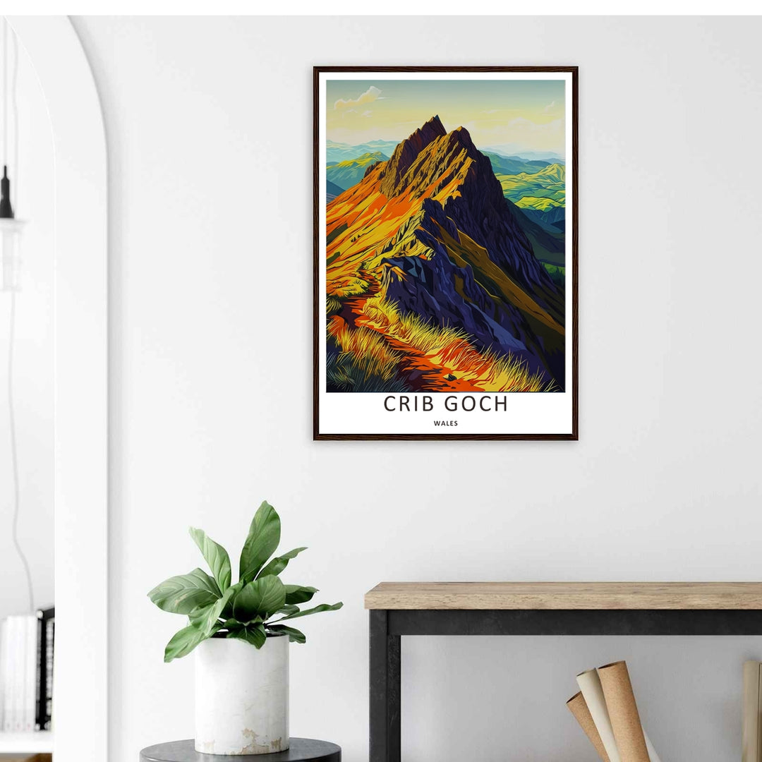 Fine art print honoring British hiking culture with a vivid color-blocked overview of the Crib Goch mountain summit, supplied by MapYourDreams in a canvas layout or premium silver frames.