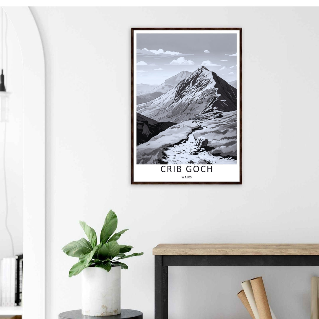 Minimalistic yet highly detailed scenic design depicting the landmark climbing location of Crib Goch in central Snowdonia, offered as a canvas print or styled inside an elegant retro white frame.