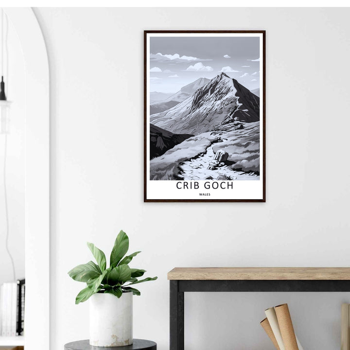 Minimalistic yet highly detailed scenic design depicting the landmark climbing location of Crib Goch in central Snowdonia, offered as a canvas print or styled inside an elegant retro white frame.