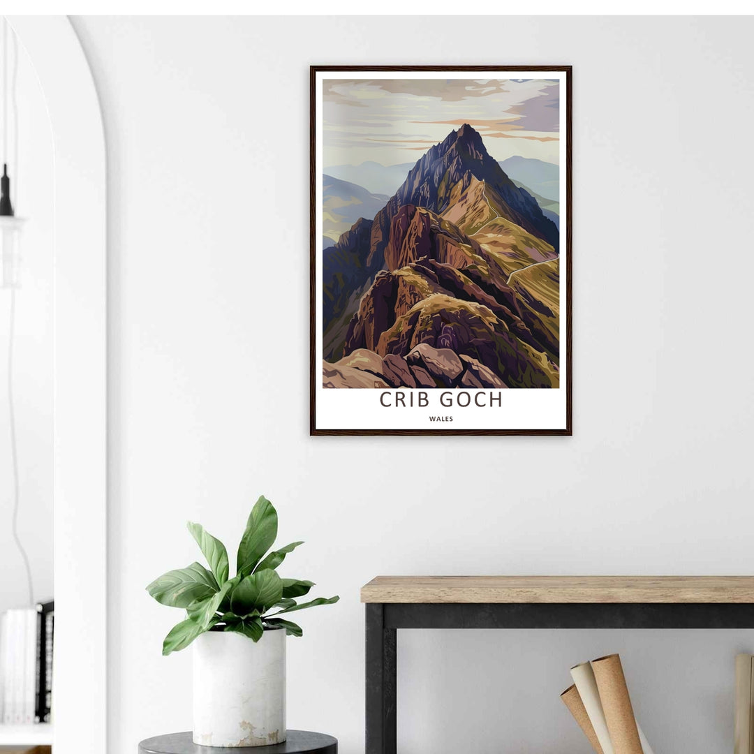 Fine art print honoring British mountaineering culture with a vivid color-blocked overview of the Crib Goch mountain summit, supplied by MapYourDreams in a canvas layout or premium silver frames.