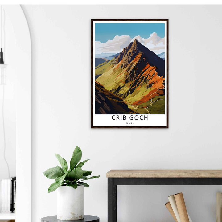 Fine art print honoring British mountaineering culture with a vivid color-blocked overview of the Garnedd Ugain mountain summit, supplied by MapYourDreams in a canvas layout or premium silver frames.