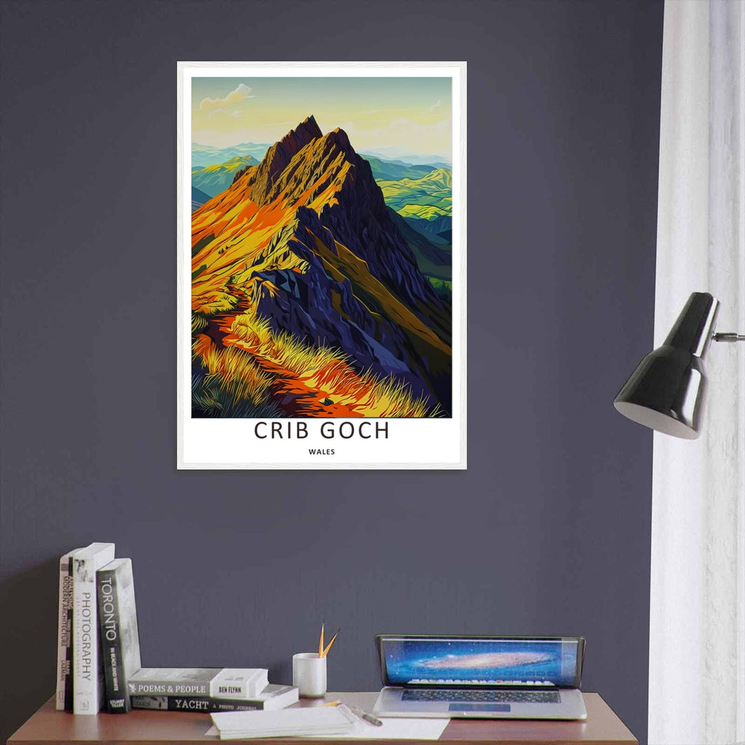 High-contrast landscape artwork depicting the steep, rocky slopes of Crib Goch in North Wales, featuring a striking division of golden amber sunlight and deep purple shadows as a premium gallery canvas.