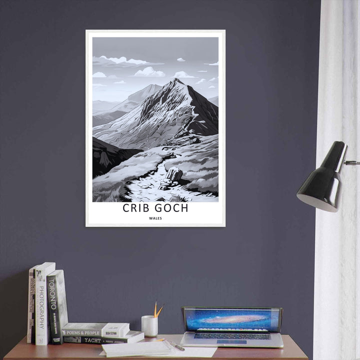 Mid-century black and white graphic illustration of the rugged hiking routes traversing across Crib Goch in Snowdonia, perfect as an un-matted standalone print for custom frame sizing options.
