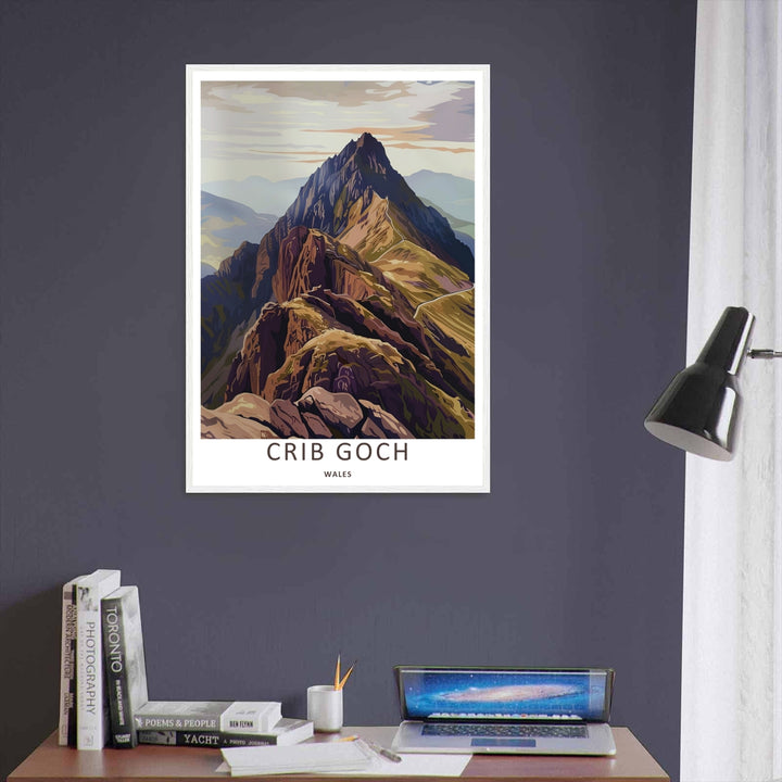 High-quality landscape poster depicting the winding hiking paths and muted brown ridges of Crib Goch in North Wales, available to order as a hand-stretched gallery canvas print display.