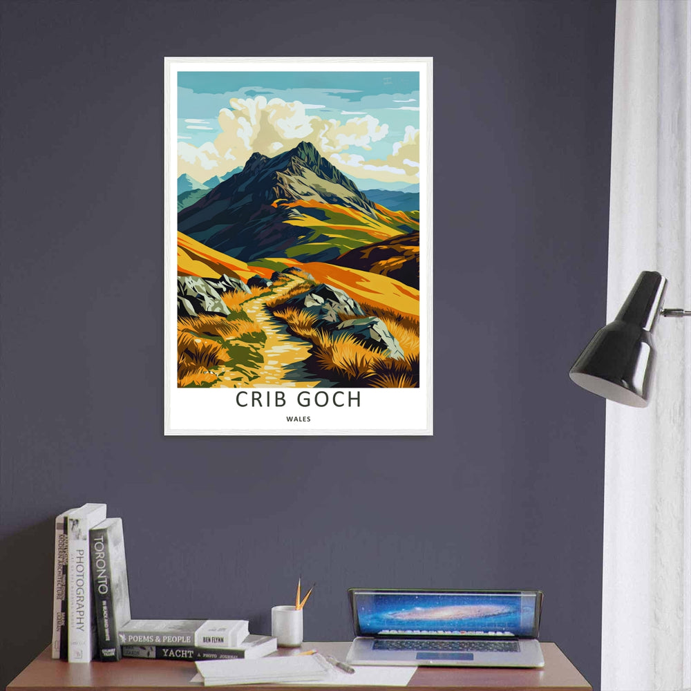 A vintage style landscape art print displaying the beautiful Crib Goch mountain trail view, offered as a canvas, an unframed poster, or within a framed display. The scenic layout highlights rolling colorful hills and the sharp mountain peak under an artistic sky.