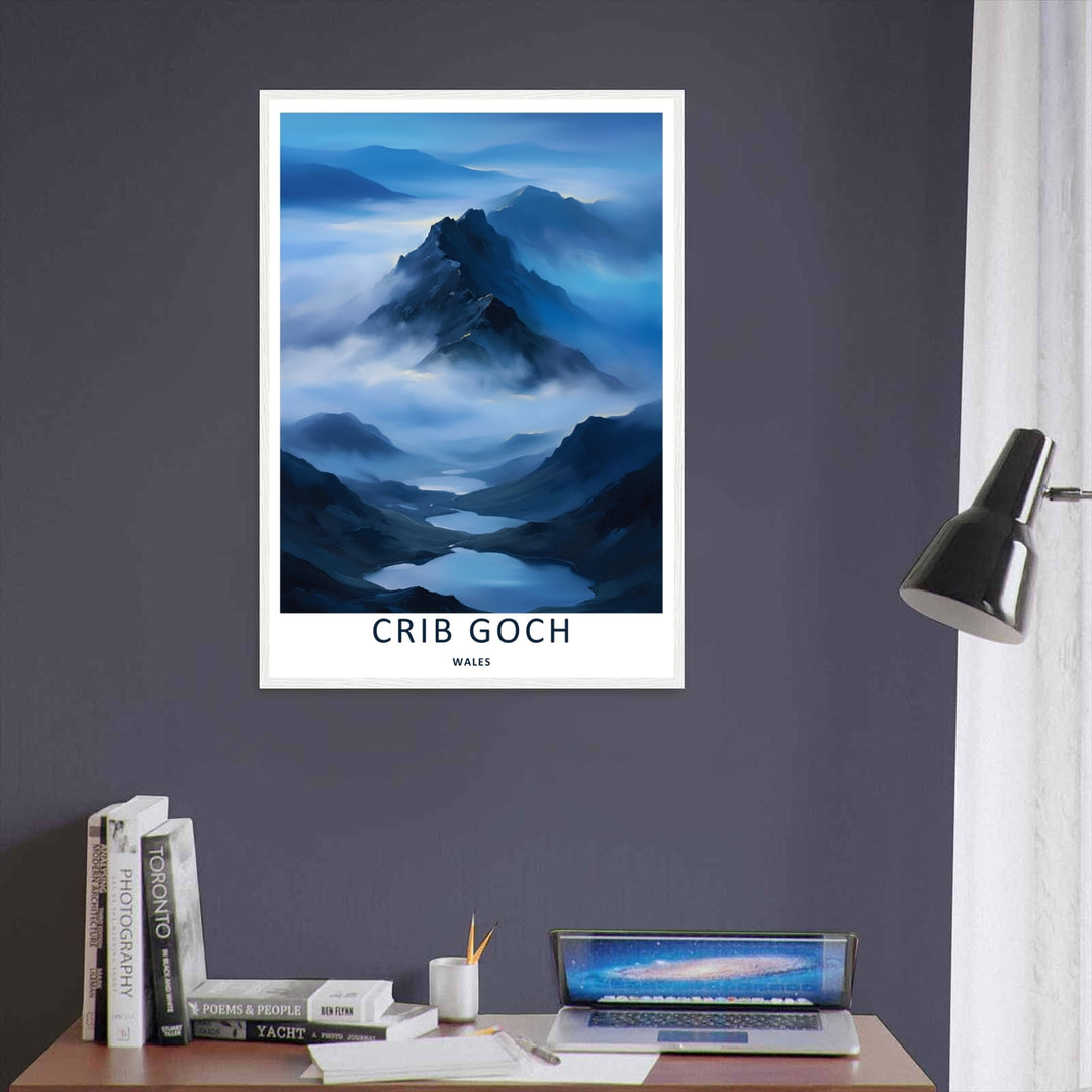 High-quality travel poster artwork showing an atmospheric Crib Goch mountain valley illustration, purchasable as canvas wall art, an unframed print, or a framed art piece. The print captures the clean painterly textures of a cloud inversion.