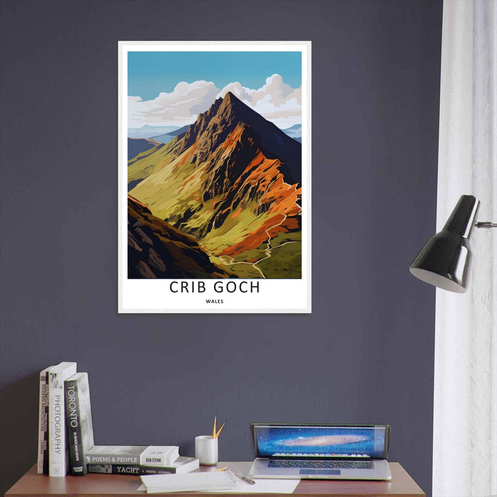 High-quality landscape poster depicting the dramatic mountain ridge of Garnedd Ugain near Crib Goch in North Wales, available to order as a hand-stretched museum-grade gallery wrapped canvas print.