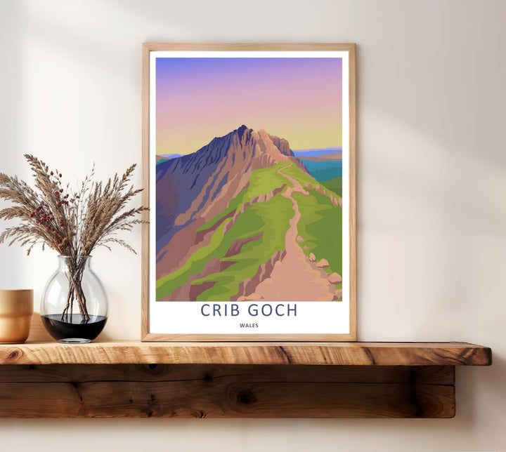 A striking vector print of the iconic Crib Goch mountain route, ready to order as an unframed print, canvas, or a framed wall art piece. The design features bold minimalist typography centered along the clean white border at the bottom.