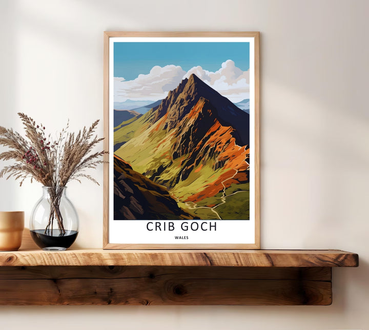 Saturated travel artwork highlighting the striking orange, ochre, and deep purple color blocks along the steep slopes of Garnedd Ugain in Wales, making this an ideal selection for office decor.