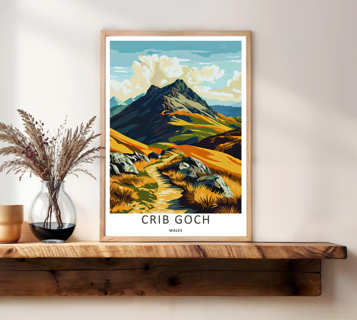 A striking vector print of the iconic Crib Goch ridge trail, ready to order as an unframed print, canvas, or a framed wall art piece. The design features bold minimalist typography centered along the clean border at the base of the artwork.