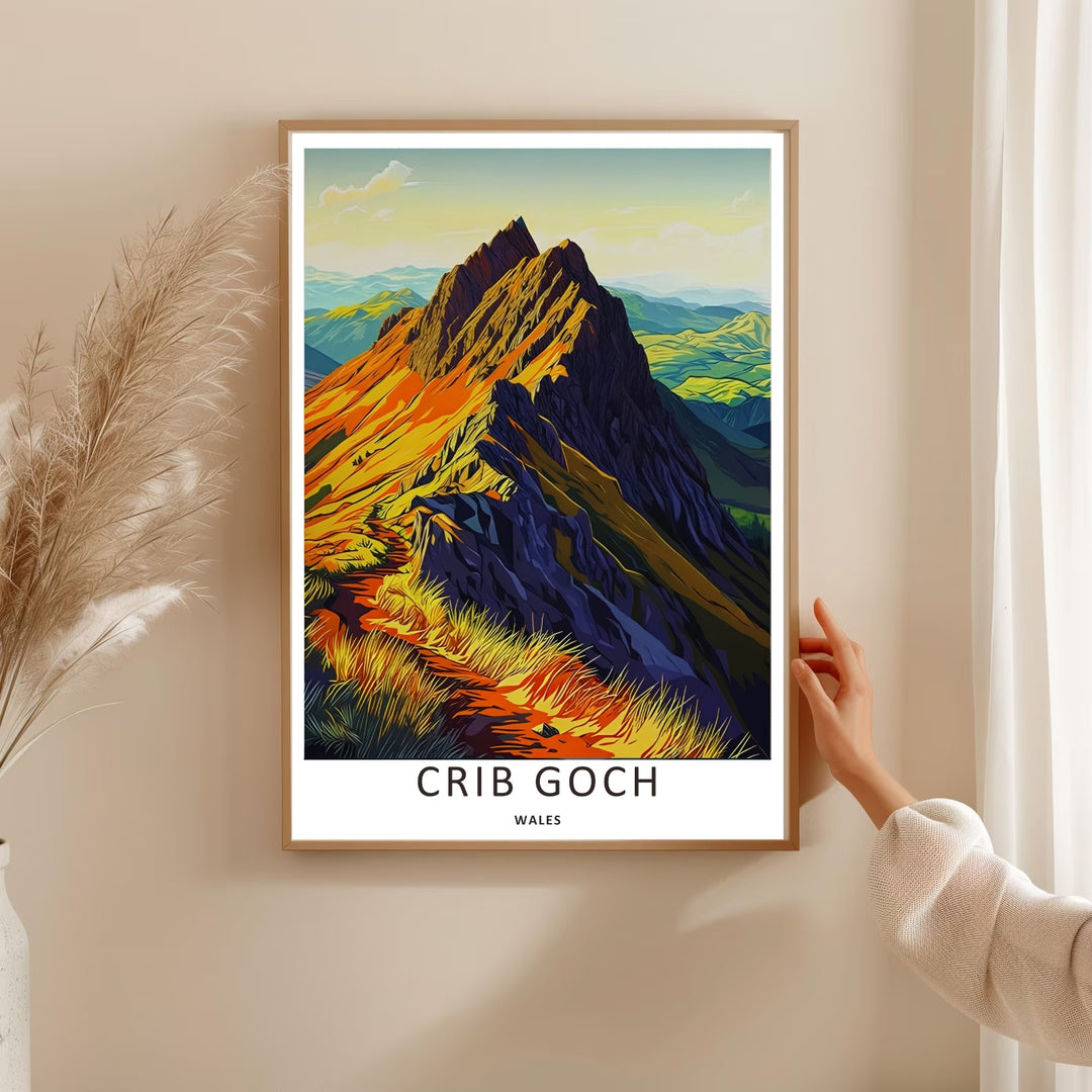 Saturated graphic artwork highlighting the intense contrast between the golden-yellow ridge line of Crib Goch and dark blue mountain shadows, making it an excellent choice for office wall decor.