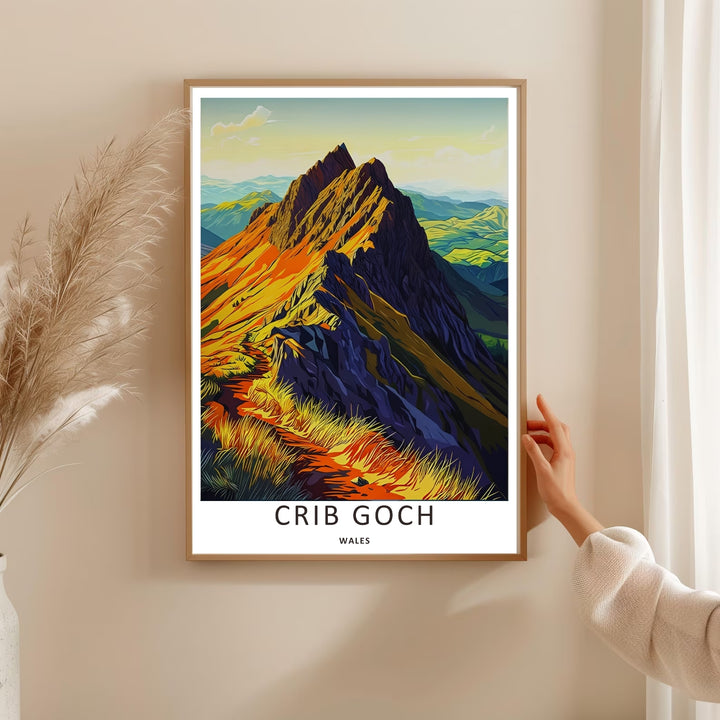Saturated graphic artwork highlighting the intense contrast between the golden-yellow ridge line of Crib Goch and dark blue mountain shadows, making it an excellent choice for office wall decor.