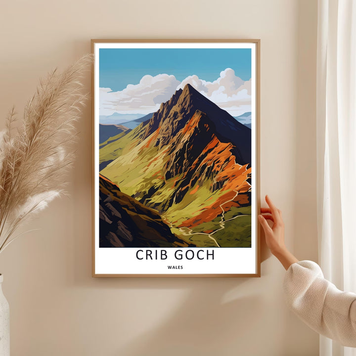 Mid-century vector graphic illustration of the rugged paths leading up to the summit of Garnedd Ugain in Snowdonia, perfect as a standalone fine art print for custom frame sizing and modern living room wall decor.