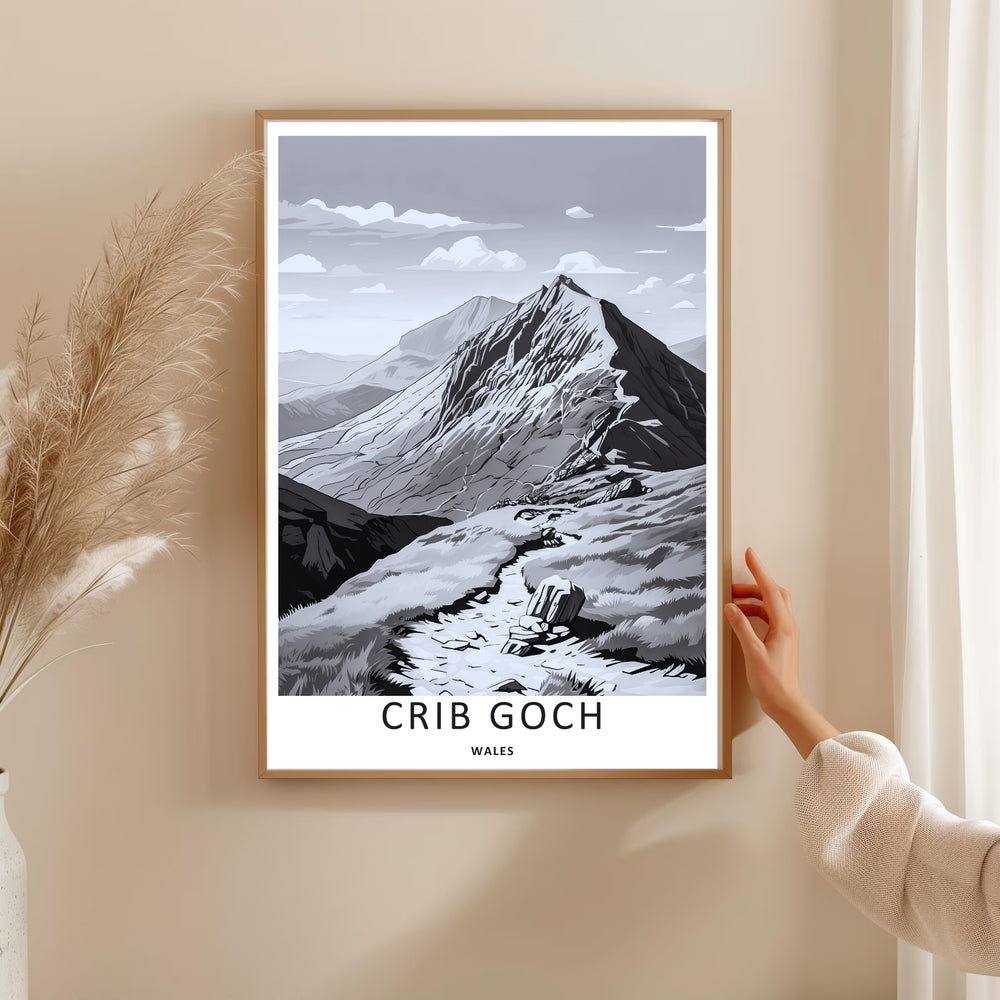 High-contrast monochrome landscape artwork capturing the winding mountain trails and steep peaks of Crib Goch in North Wales, available to order as a hand-stretched gallery canvas print display.