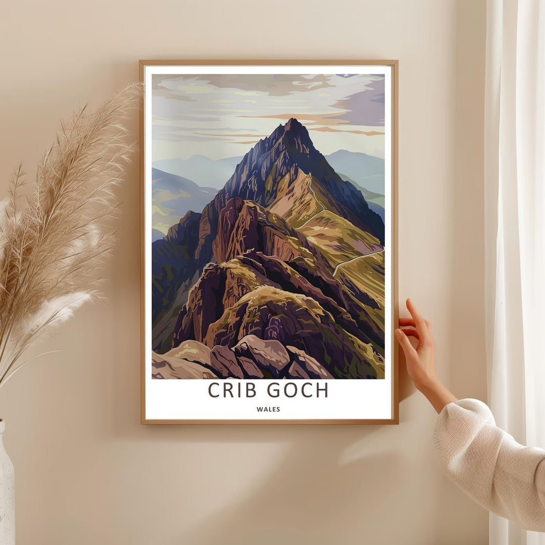 Mid-century vector graphic illustration of the rugged, rocky terrain leading up to the summit of Crib Goch in Snowdonia, perfect as a standalone fine art print for custom frame sizing and home wall decor.
