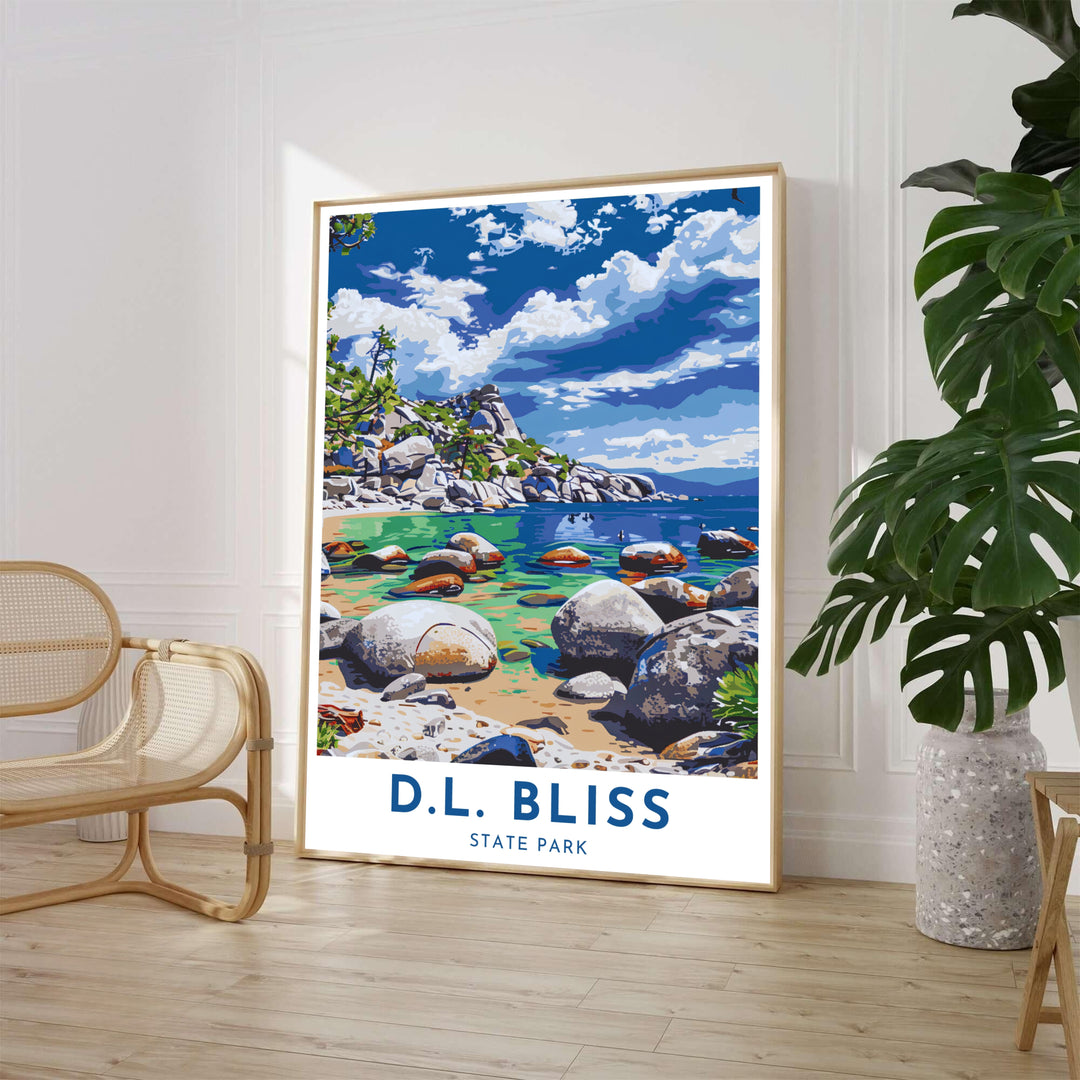 Detailed travel illustration showing D.L. Bliss State Park Lake Tahoe shoreline motifs decorates this fine art print. Order custom framed, unframed, and canvas poster options at MapYourDreams.