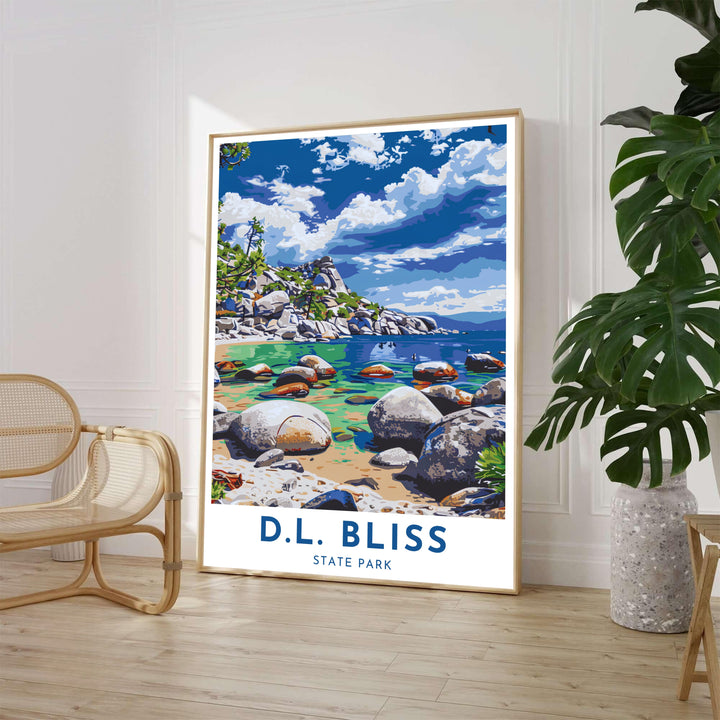 Detailed travel illustration showing D.L. Bliss State Park Lake Tahoe shoreline motifs decorates this fine art print. Order custom framed, unframed, and canvas poster options at MapYourDreams.