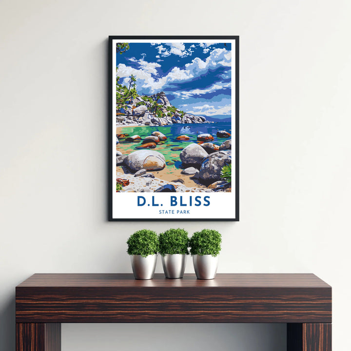 Inspired by classic vintage travel posters, this D.L. Bliss State Park Lake Tahoe print showcases iconic West Coast scenery. Explore versatile framed, unframed, and gallery canvas options available at MapYourDreams.