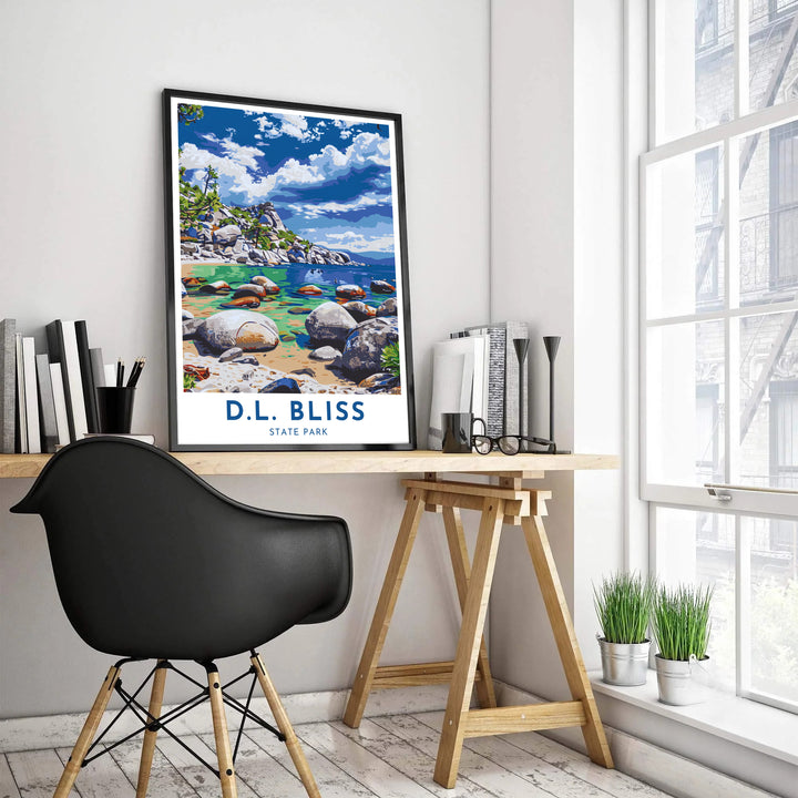 Scenic California landscape artwork featuring D.L. Bliss State Park Lake Tahoe near Rubicon Point enriches living room wall decor. MapYourDreams features high-definition framed, unframed, and canvas formats.