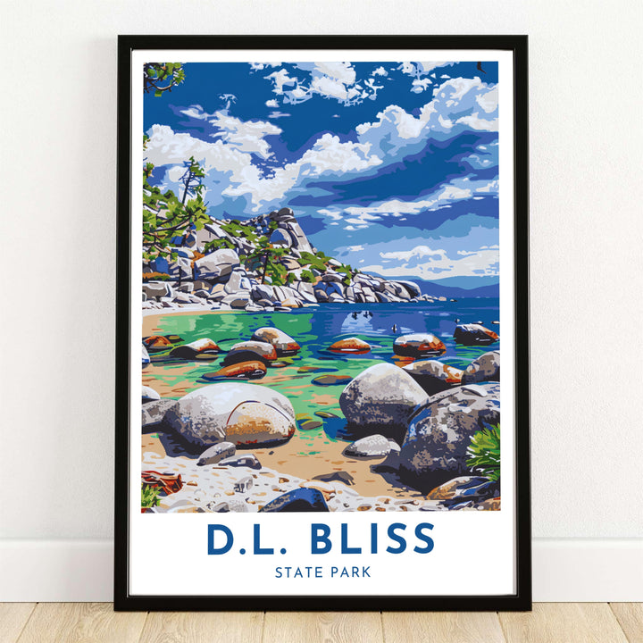 The D.L. Bliss State Park Lake Tahoe travel poster highlights Lester Beach granite boulders and clear turquoise waters in California. MapYourDreams provides custom framed, unframed, and gallery canvas options for home decor.