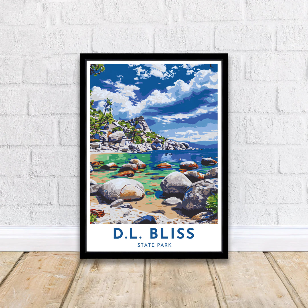 Sandy golden shores and clear green water mark this D.L. Bliss State Park Lake Tahoe poster. MapYourDreams delivers quality framed, unframed, and canvas print options for living space decor.