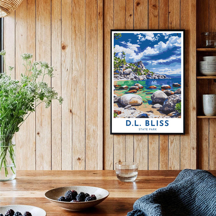 A vintage mid-century perspective highlighting D.L. Bliss State Park at Lake Tahoe near Emerald Bay anchors this fine art print. Shop premium framed, unframed, and stretched canvas options at MapYourDreams.