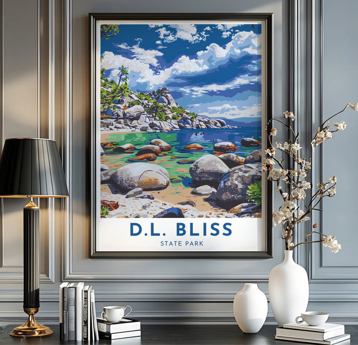 Clean blue typography and vivid Lake Tahoe scenery mark this D.L. Bliss State Park travel poster. MapYourDreams offers fine art framed, unframed, and gallery canvas poster options for wall decor.