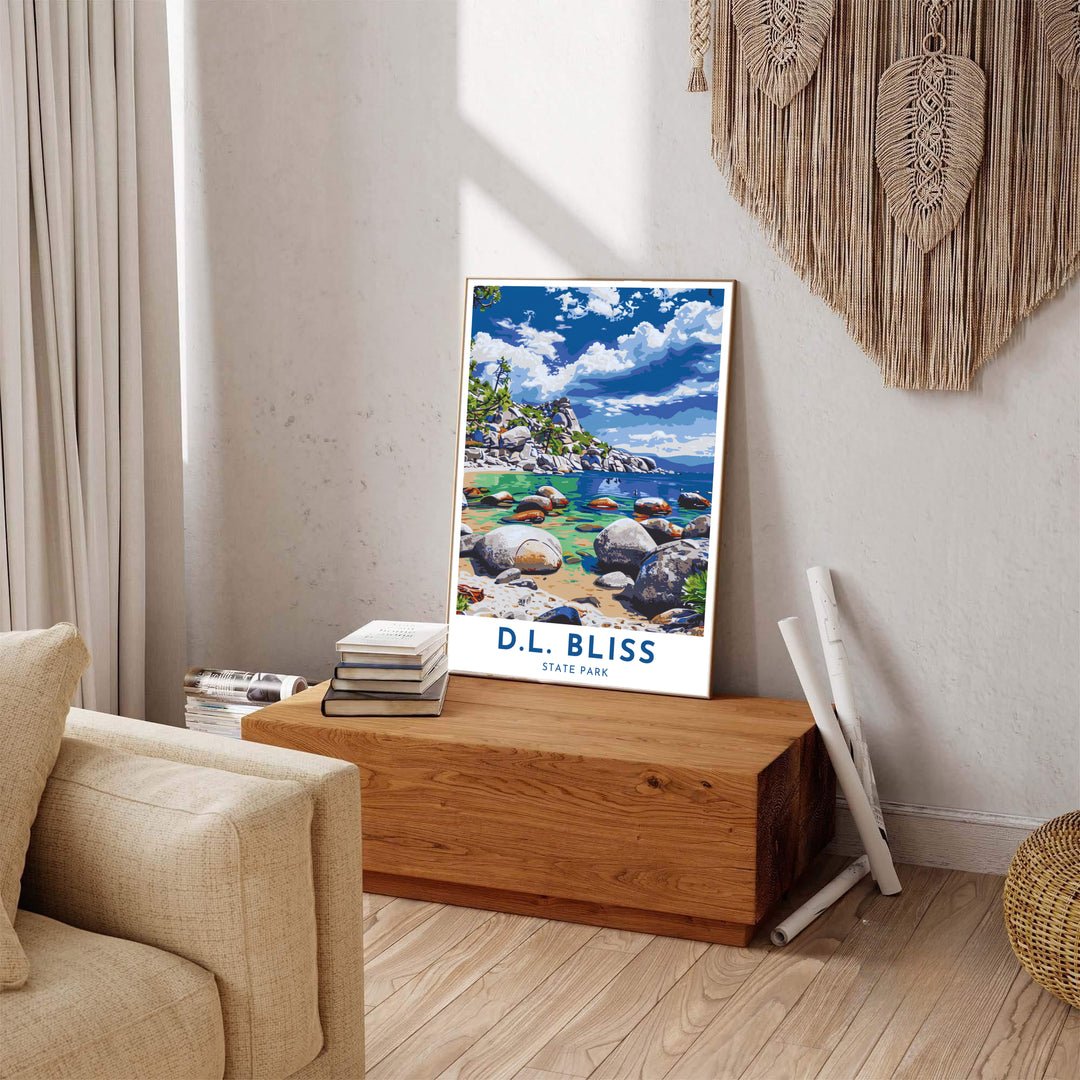 Vintage travel poster aesthetics with colorful Lake Tahoe water and rocks at D.L. Bliss State Park shine in this wall decor print. MapYourDreams presents quality framed, unframed, and canvas options.