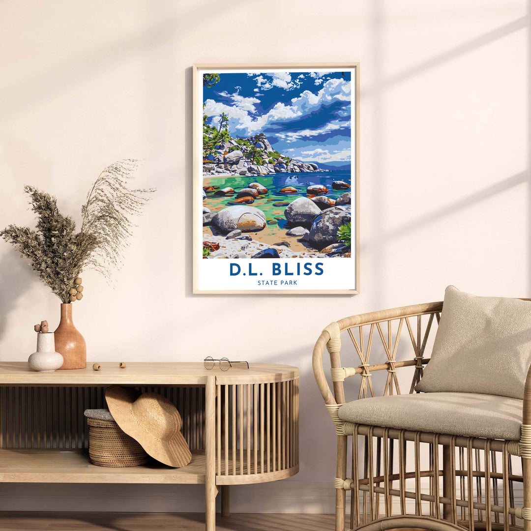 Ornate granite boulder formations and rich alpine lake themes star in this D.L. Bliss State Park Lake Tahoe print. Discover ready-to-hang framed, unframed, and canvas wall decor options at MapYourDreams.
