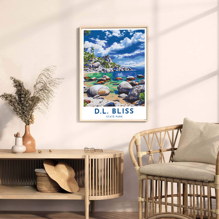 Ornate granite boulder formations and rich alpine lake themes star in this D.L. Bliss State Park Lake Tahoe print. Discover ready-to-hang framed, unframed, and canvas wall decor options at MapYourDreams.