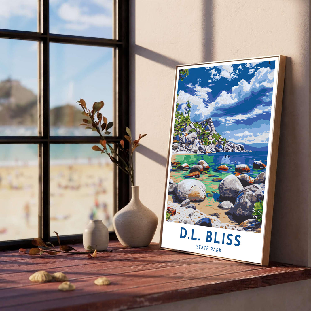 Crisp blue skies with fluffy white clouds hover over D.L. Bliss State Park Lake Tahoe in this vintage travel poster. Discover tailored framed, unframed, and stretched canvas print options at MapYourDreams.