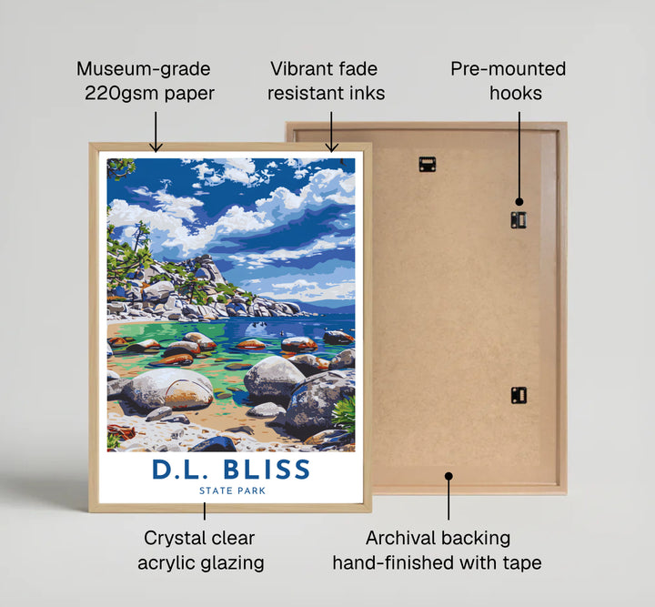 Vibrant Sierra Nevada mountain scenery in this D.L. Bliss State Park Lake Tahoe print brings historic California nature art home. MapYourDreams provides premium framed, unframed, and canvas wall art.