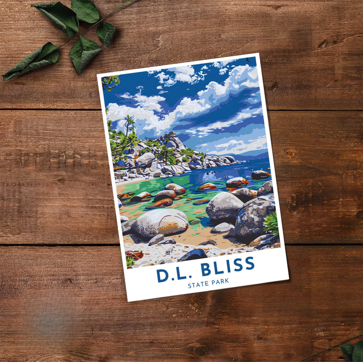 Historic Sierra Nevada travel art and bold blue lettering highlight this D.L. Bliss State Park Lake Tahoe poster print. Select premium framed, unframed, and canvas options at MapYourDreams to update walls.