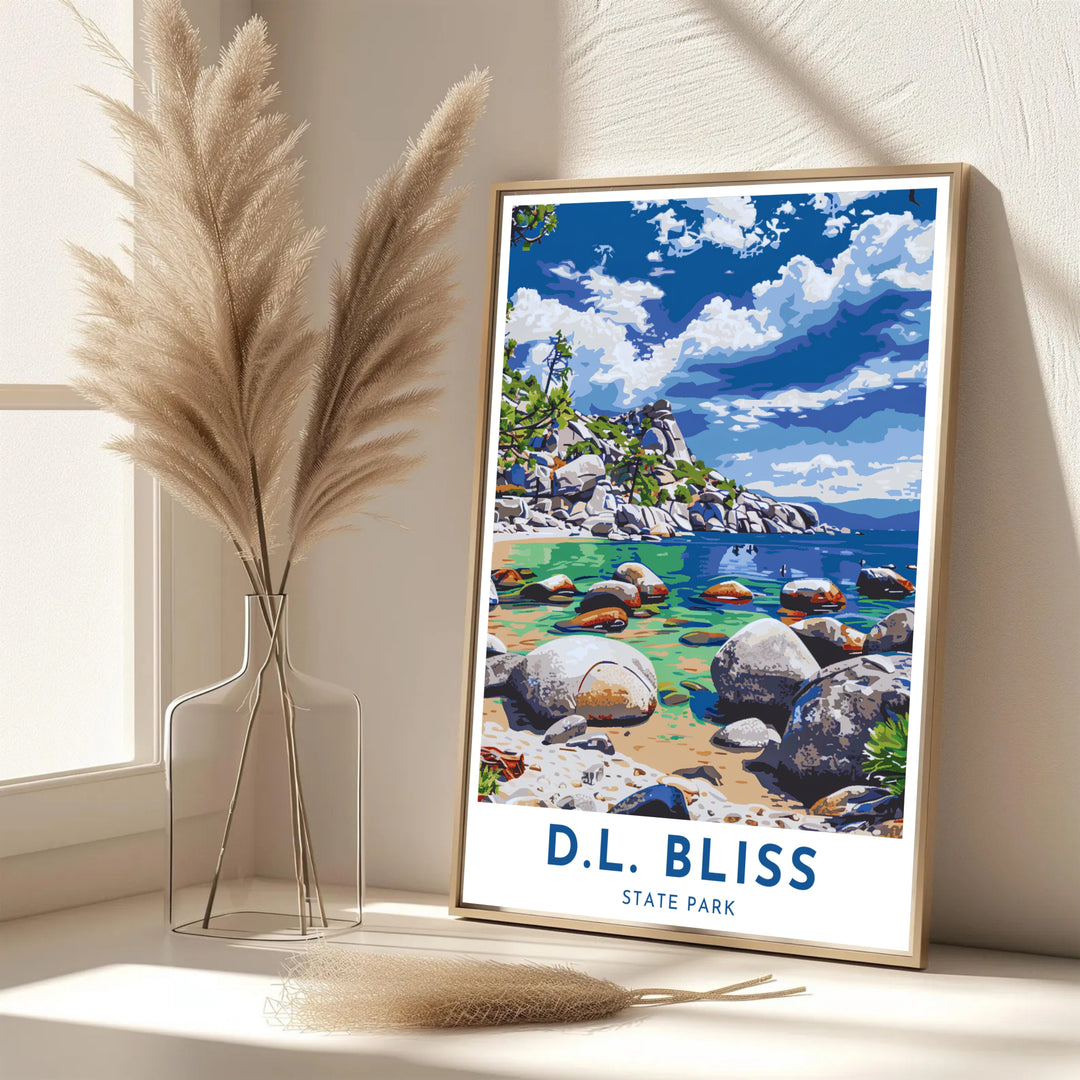 Scenic West Coast outdoor vibes and bright sunny shoreline symmetry define this D.L. Bliss State Park Lake Tahoe poster print. MapYourDreams features framed, unframed, and canvas options for bedroom wall decor.
