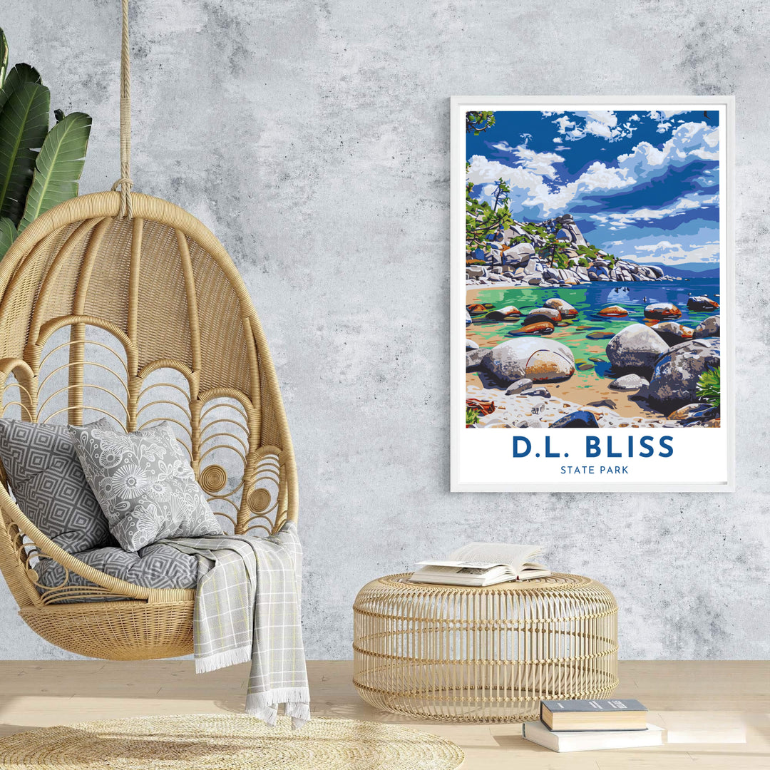 Deep ocean blue contrast and clear emerald water based on D.L. Bliss State Park Lake Tahoe lend depth to this art print. Browse archival framed, unframed, and canvas options at MapYourDreams.