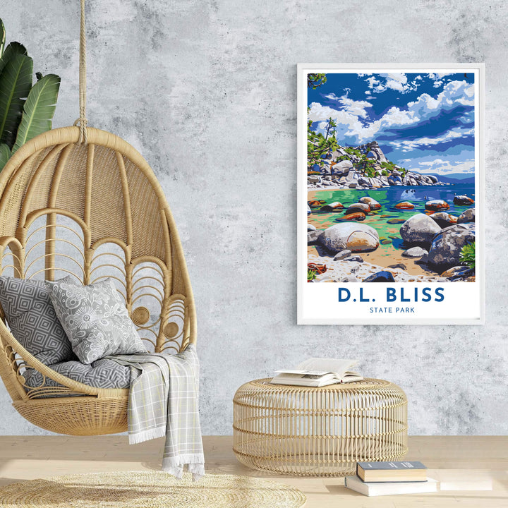 Deep ocean blue contrast and clear emerald water based on D.L. Bliss State Park Lake Tahoe lend depth to this art print. Browse archival framed, unframed, and canvas options at MapYourDreams.