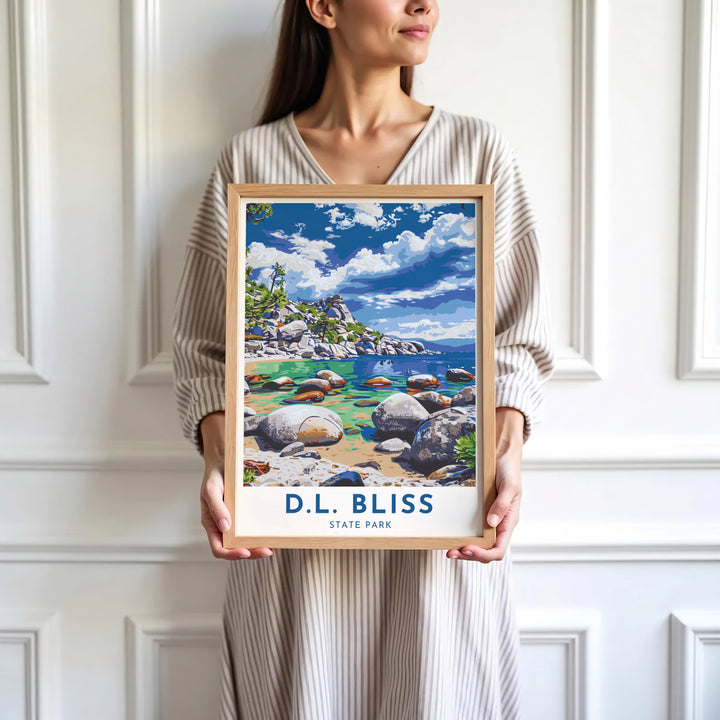 Colorful travel poster art featuring D.L. Bliss State Park Lake Tahoe near Lester Beach shines in this wall print. Order custom framed, unframed, and canvas options at MapYourDreams for an elegant accent.