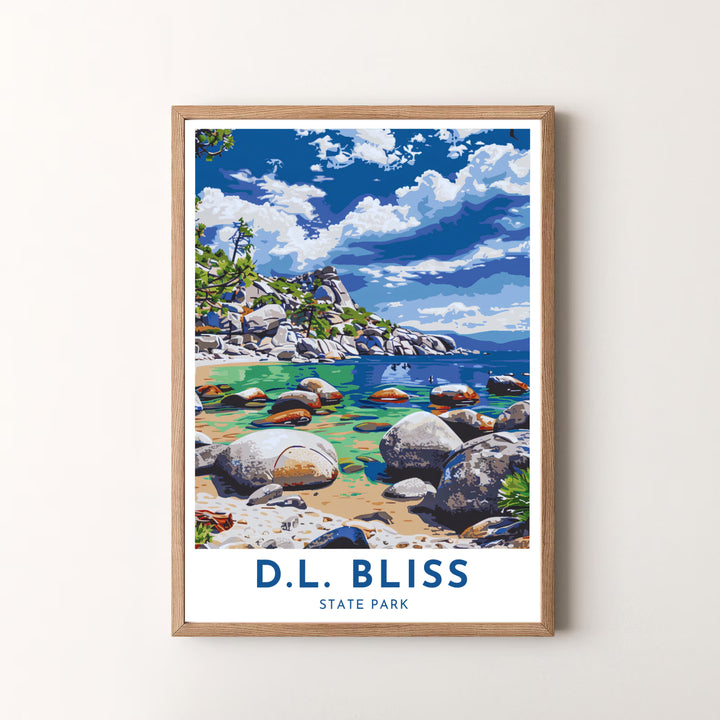 Majestic alpine lake perspectives from D.L. Bliss State Park at Lake Tahoe star in this travel poster print. MapYourDreams offers versatile framed, unframed, and canvas options.